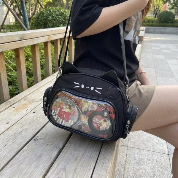 Kawaii Cat Ita Shoulder Bag with Clear Window for Photocards and Pins — crossbody ita bag detail view