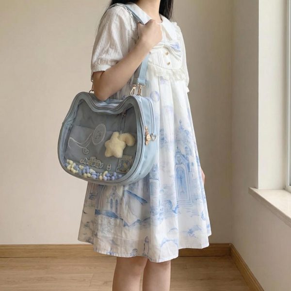 Kawaii Cat Ita Shoulder Bag with Clear Window for Plushies and Pins — crossbody ita bag detail view
