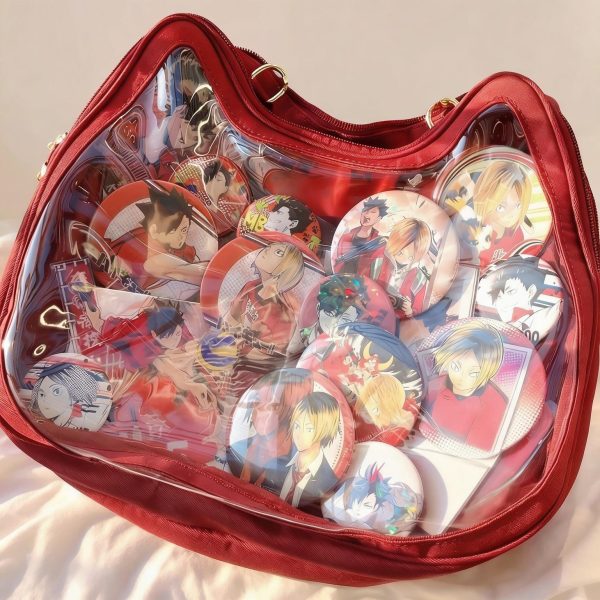Kawaii Cat Ita Shoulder Bag with Clear Window for Plushies and Pins — crossbody ita bag detail view