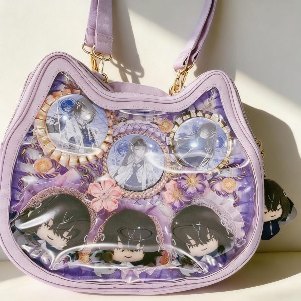 Kawaii Cat Ita Shoulder Bag with Clear Window for Plushies and Pins — crossbody ita bag detail view