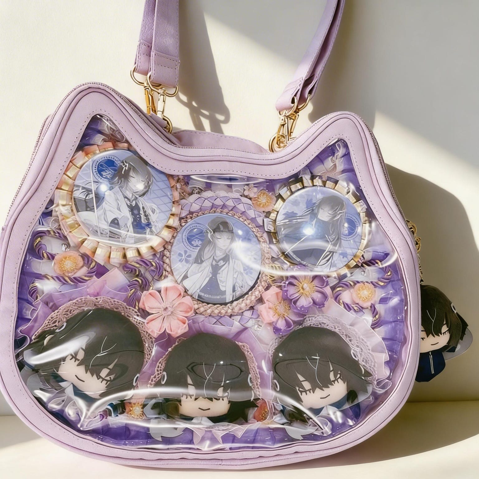 Kawaii Cat Ita Shoulder Bag with Clear Window for Plushies and Pins Kawaii Cat Ita Shoulder Bag with Clear Window for Plushies and Pins — crossbody ita bag detail view