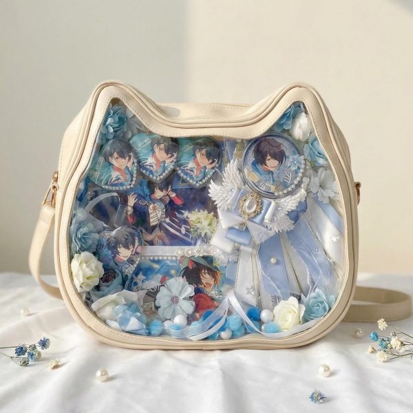 Kawaii Cat Ita Shoulder Bag with Clear Window for Plushies and Pins — crossbody ita bag detail view