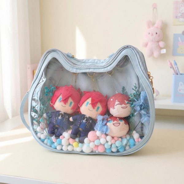 Kawaii Cat Ita Shoulder Bag with Clear Window for Plushies and Pins — crossbody ita bag detail view