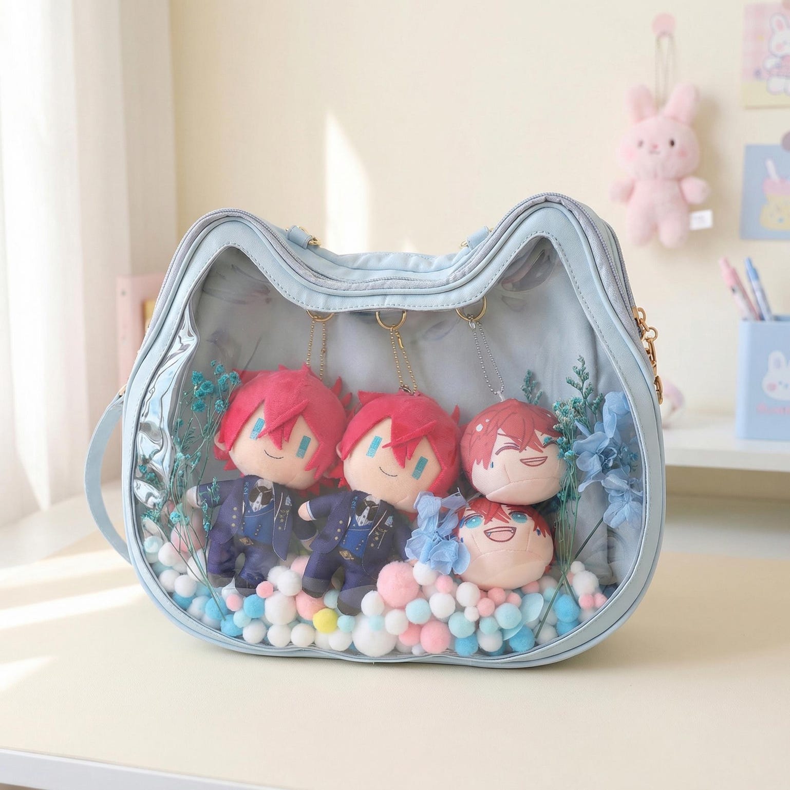 Kawaii Cat Ita Shoulder Bag with Clear Window for Plushies and Pins Kawaii Cat Ita Shoulder Bag with Clear Window for Plushies and Pins — crossbody ita bag detail view