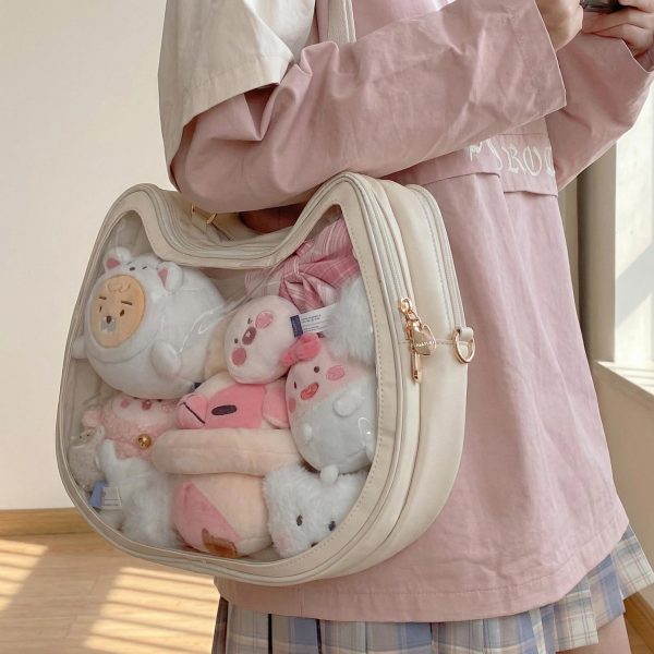 Kawaii Cat Ita Shoulder Bag with Clear Window for Plushies and Pins — crossbody ita bag detail view