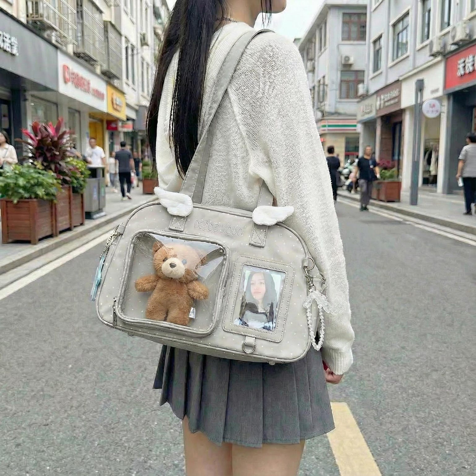 Kawaii Convertible Ita Bag with Clear Window for Pin Display Kawaii Convertible Ita Bag with Clear Window for Pin Display — ita bag detail view