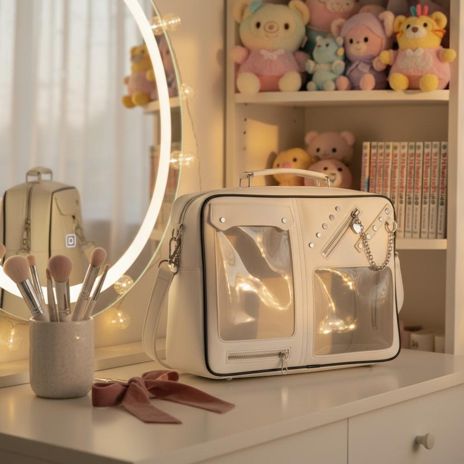 Kawaii Convertible Ita Bag with Clear Window for Pin Display Kawaii Convertible Ita Bag with Clear Window for Pin Display — ita bag detail view