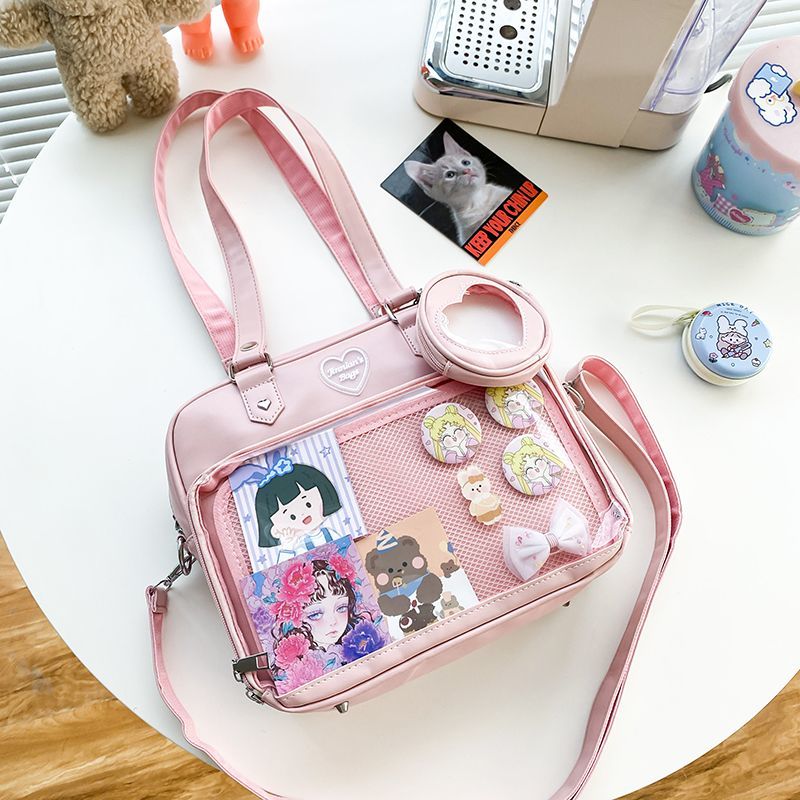 Kawaii Convertible Ita Bag with Clear Window for Pin Display Kawaii Convertible Ita Bag with Clear Window for Pin Display — ita bag detail view