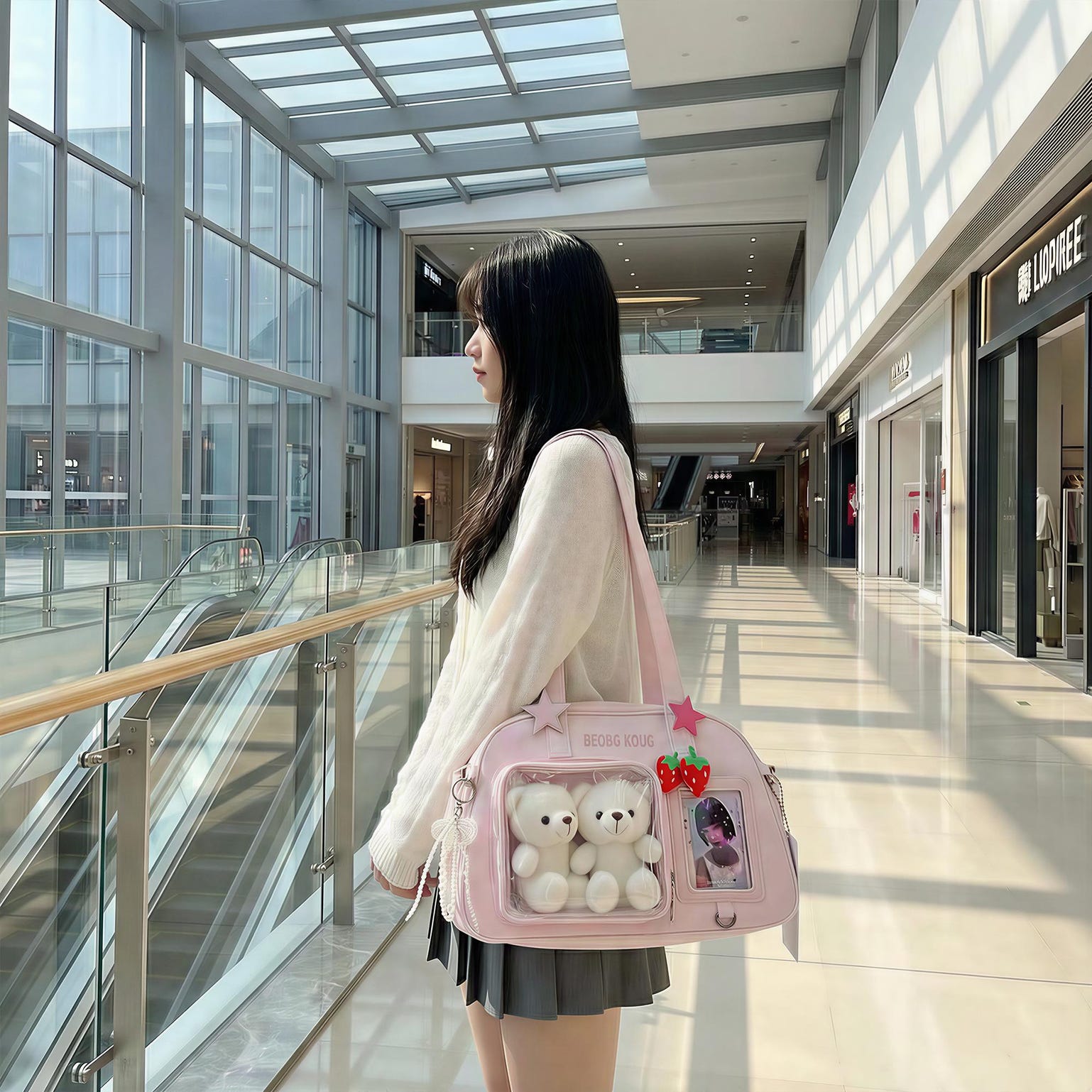 Kawaii Convertible Ita Bag with Clear Window for Pin Display Kawaii Convertible Ita Bag with Clear Window for Pin Display — ita bag detail view