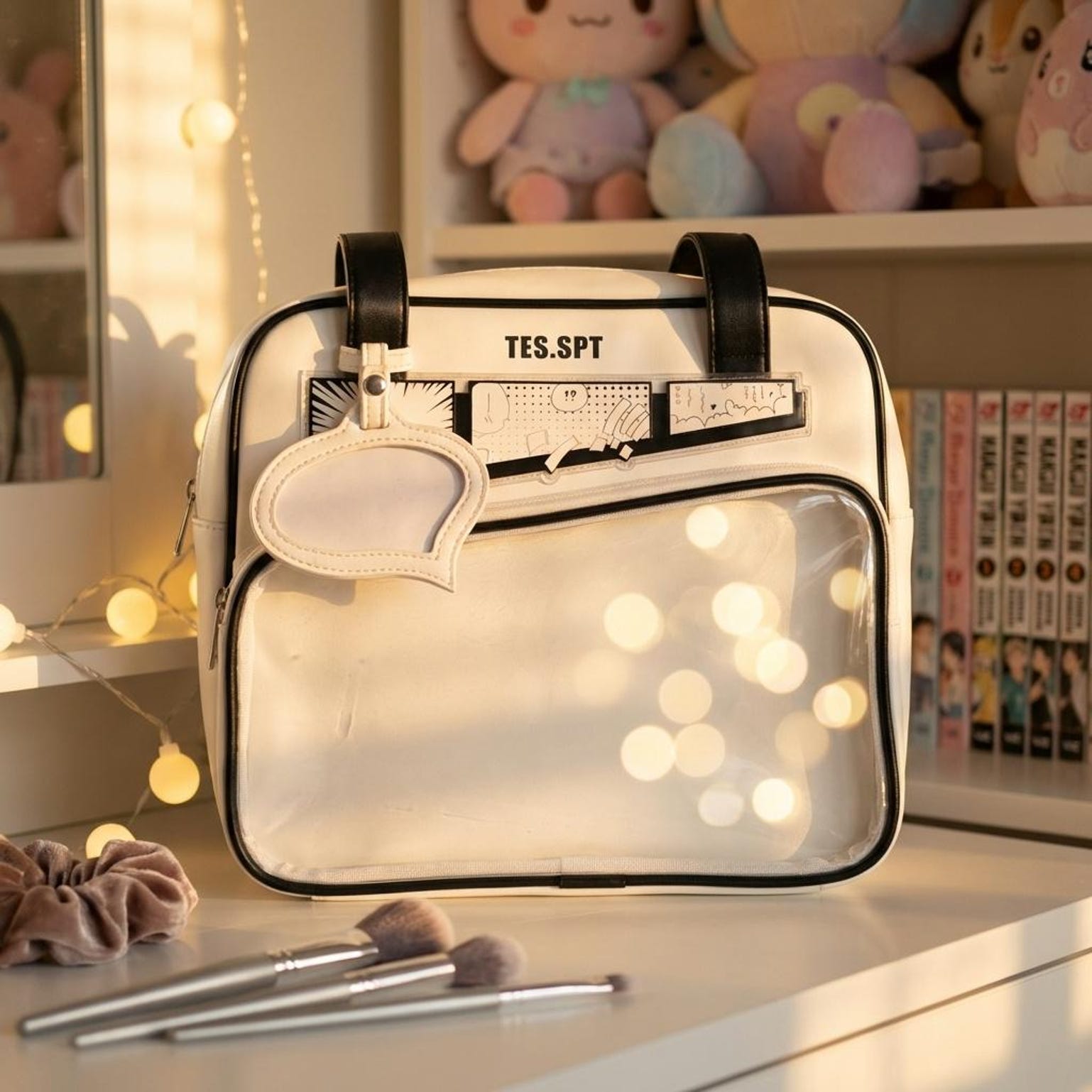 Kawaii Convertible Ita Bag with Clear Window for Pin Display Kawaii Convertible Ita Bag with Clear Window for Pin Display — ita bag detail view