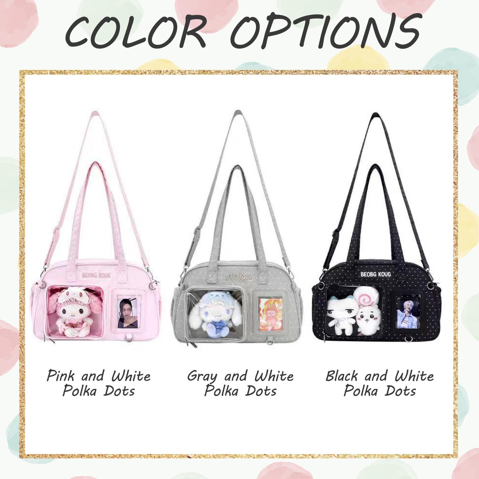 Kawaii Convertible Ita Bag with Clear Window for Pin Display Kawaii Convertible Ita Bag with Clear Window for Pin Display — ita bag detail view
