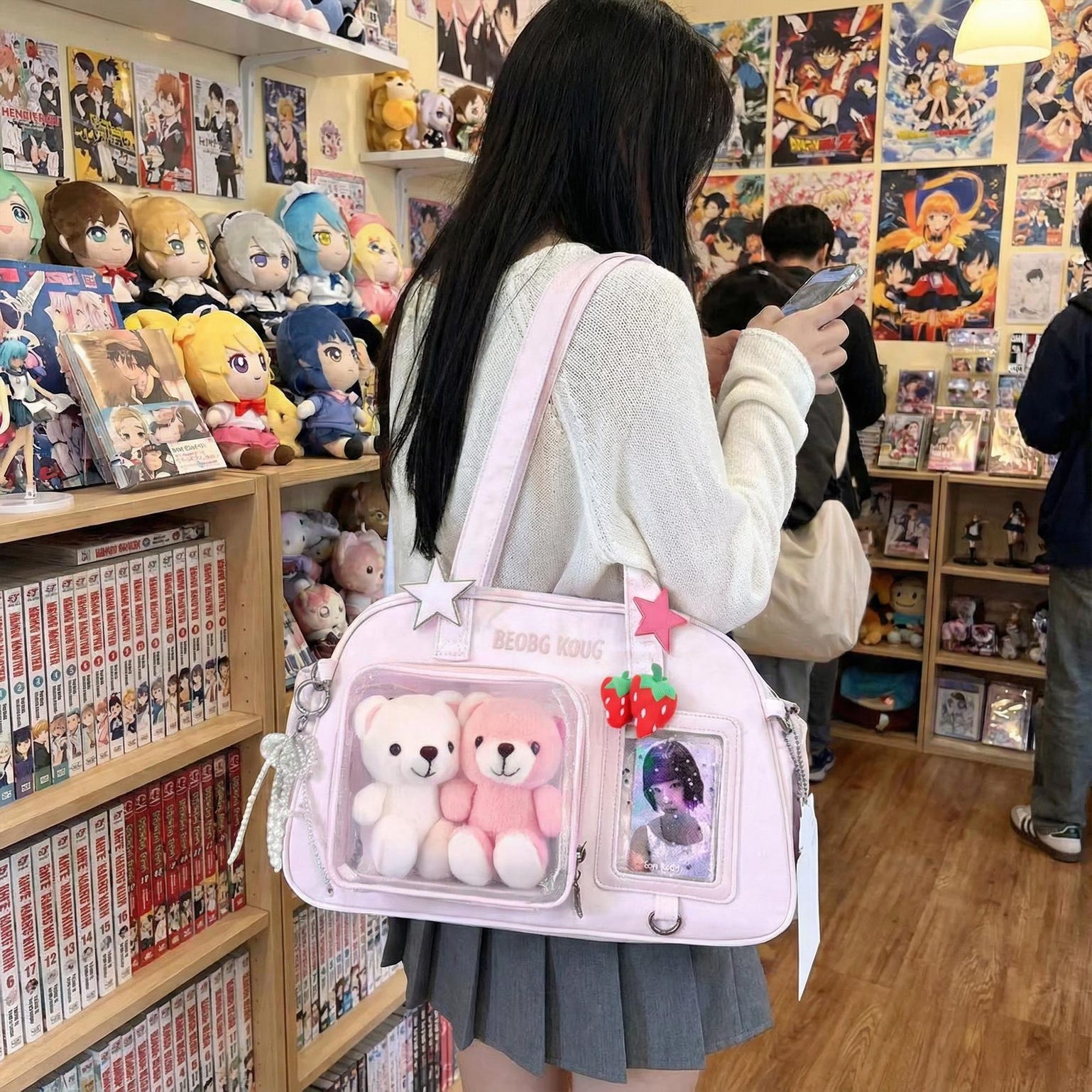Kawaii Convertible Ita Bag with Clear Window for Pin Display Kawaii Convertible Ita Bag with Clear Window for Pin Display — ita bag detail view