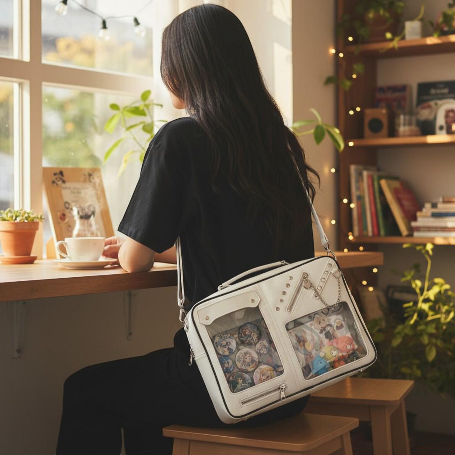 Kawaii Convertible Ita Bag with Clear Window for Pin Display Kawaii Convertible Ita Bag with Clear Window for Pin Display — ita bag detail view