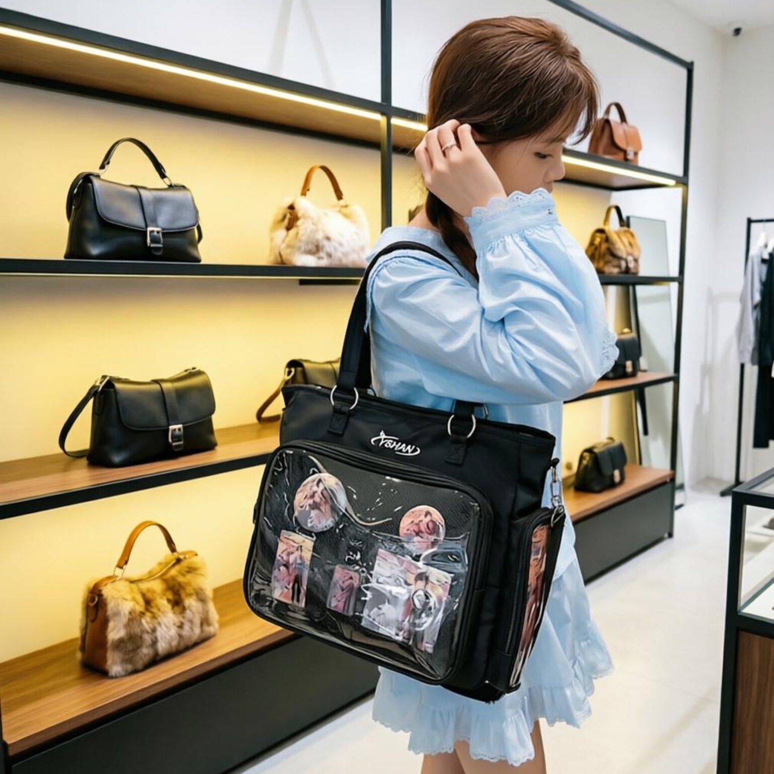 Kawaii Convertible Ita Bag with Clear Window for Plushies and Pins Kawaii Convertible Ita Bag with Clear Window for Plushies and Pins — ita bag detail view