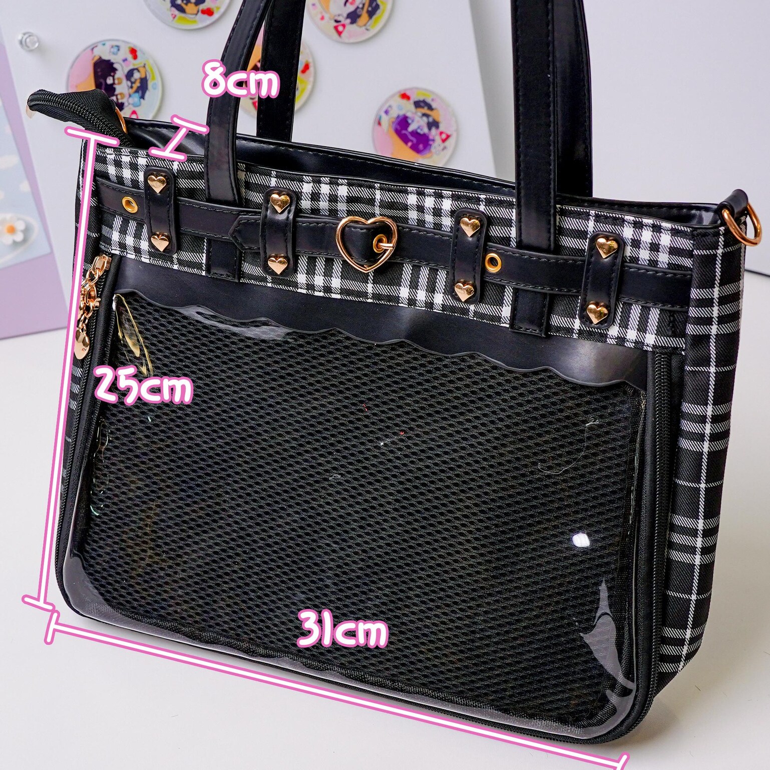 Kawaii Heart Ita Backpack with Clear Window for Pin Display Kawaii Heart Ita Backpack with Clear Window for Pin Display — ita backpack detail view