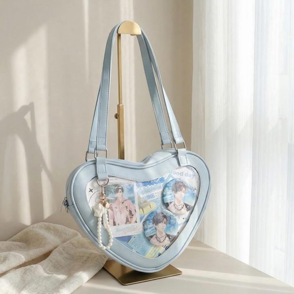 Kawaii Heart Ita Shoulder Bag with Clear Window for Photocards and Pins — crossbody ita bag with clear display window