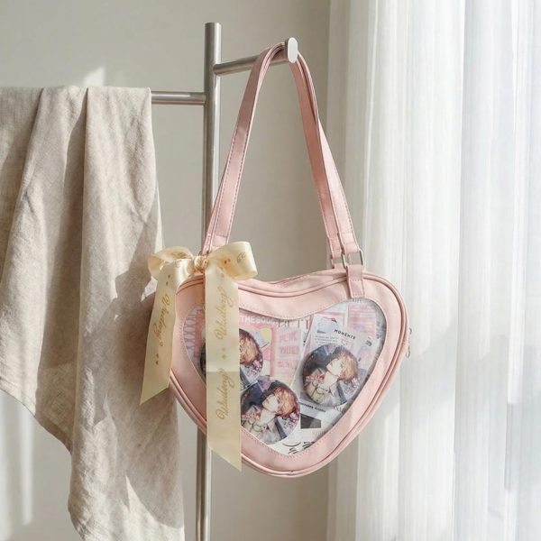Kawaii Heart Ita Shoulder Bag with Clear Window for Photocards and Pins — crossbody ita bag detail view