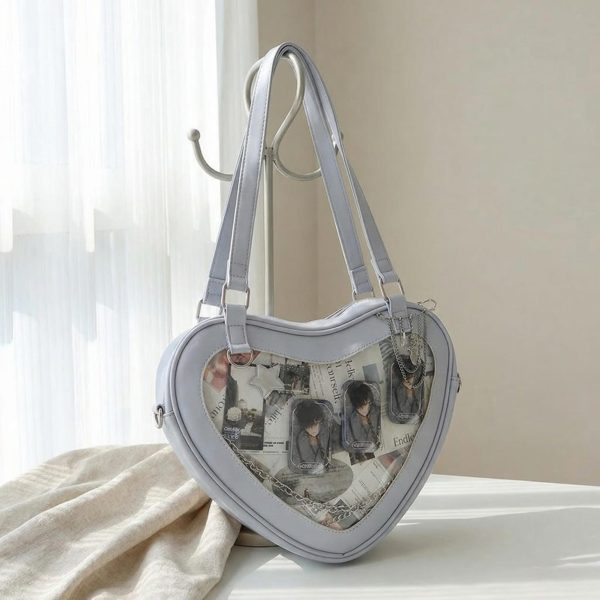Kawaii Heart Ita Shoulder Bag with Clear Window for Photocards and Pins — crossbody ita bag detail view