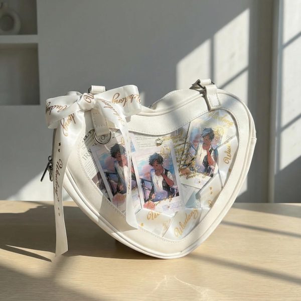 Kawaii Heart Ita Shoulder Bag with Clear Window for Photocards and Pins — crossbody ita bag detail view
