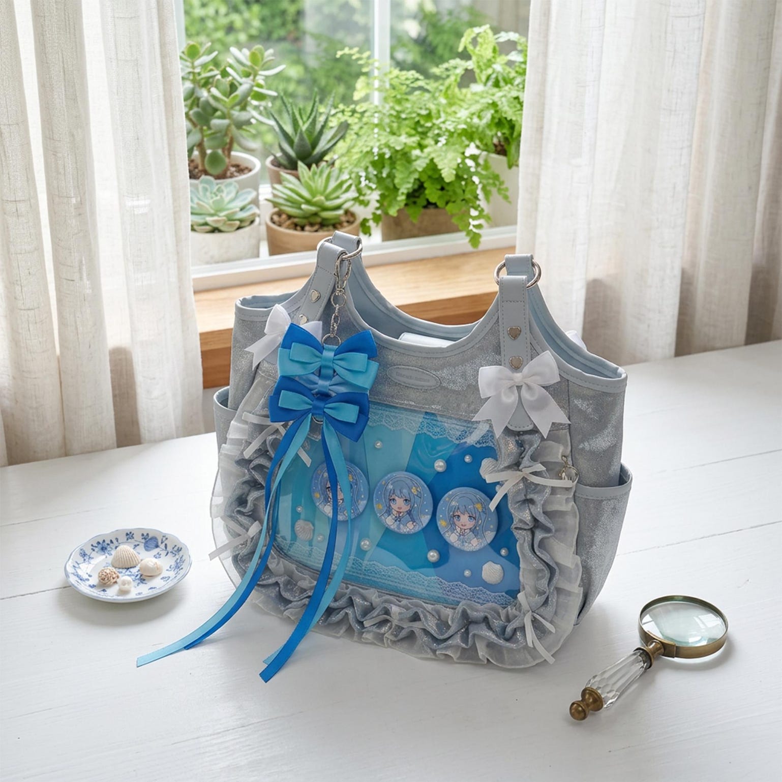 Kawaii Heart Ita Shoulder Bag with Clear Window for Pin Display Kawaii Heart Ita Shoulder Bag with Clear Window for Pin Display — crossbody ita bag detail view