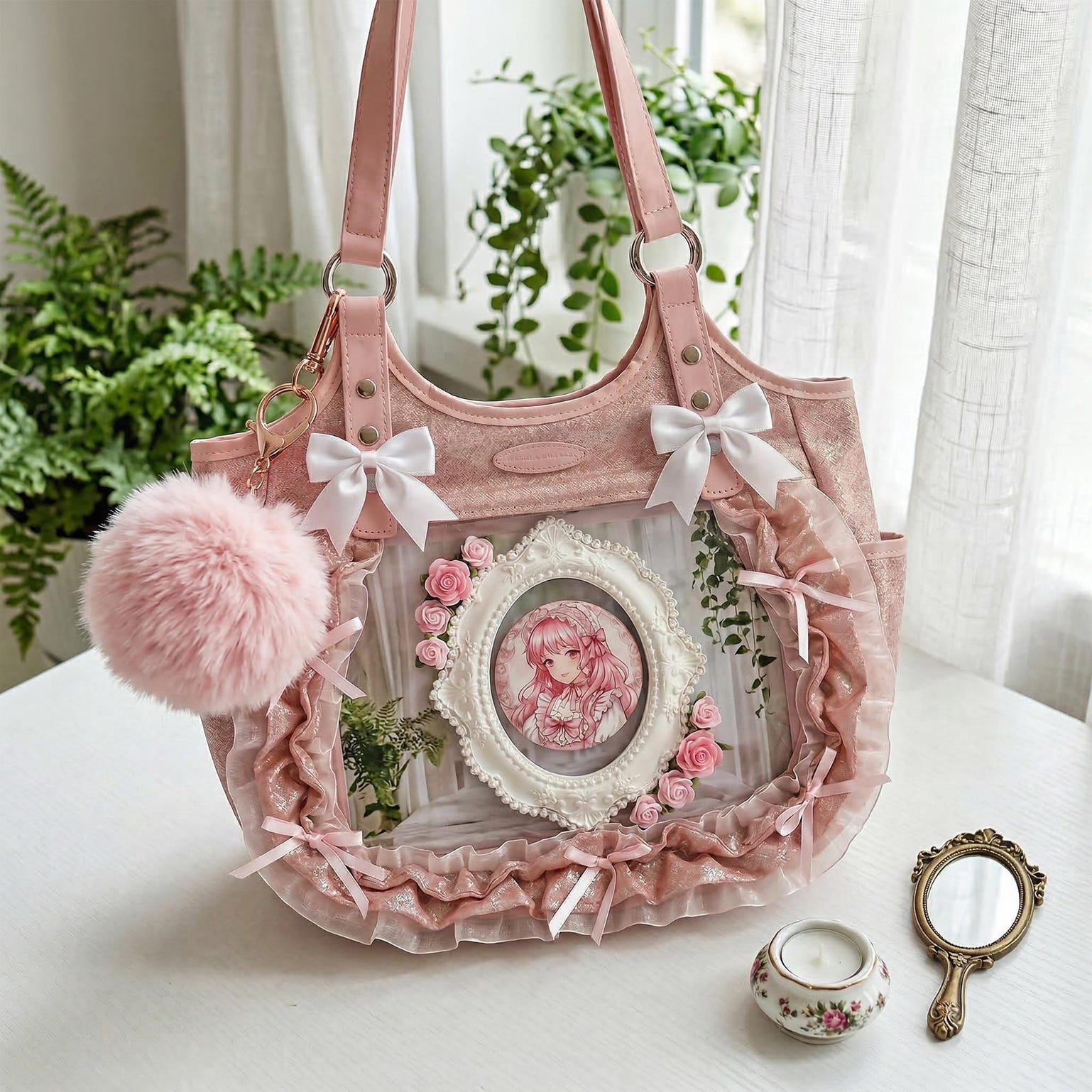 Kawaii Heart Ita Shoulder Bag with Clear Window for Pin Display Kawaii Heart Ita Shoulder Bag with Clear Window for Pin Display — crossbody ita bag detail view
