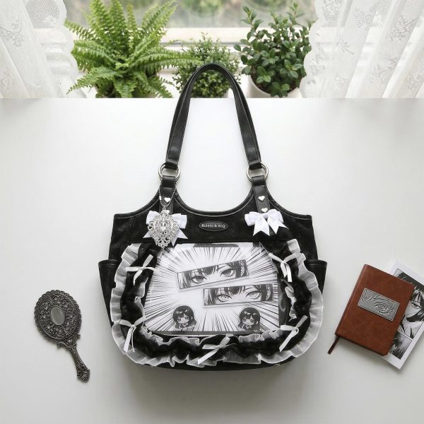 Kawaii Heart Ita Shoulder Bag with Clear Window for Pin Display — crossbody ita bag detail view