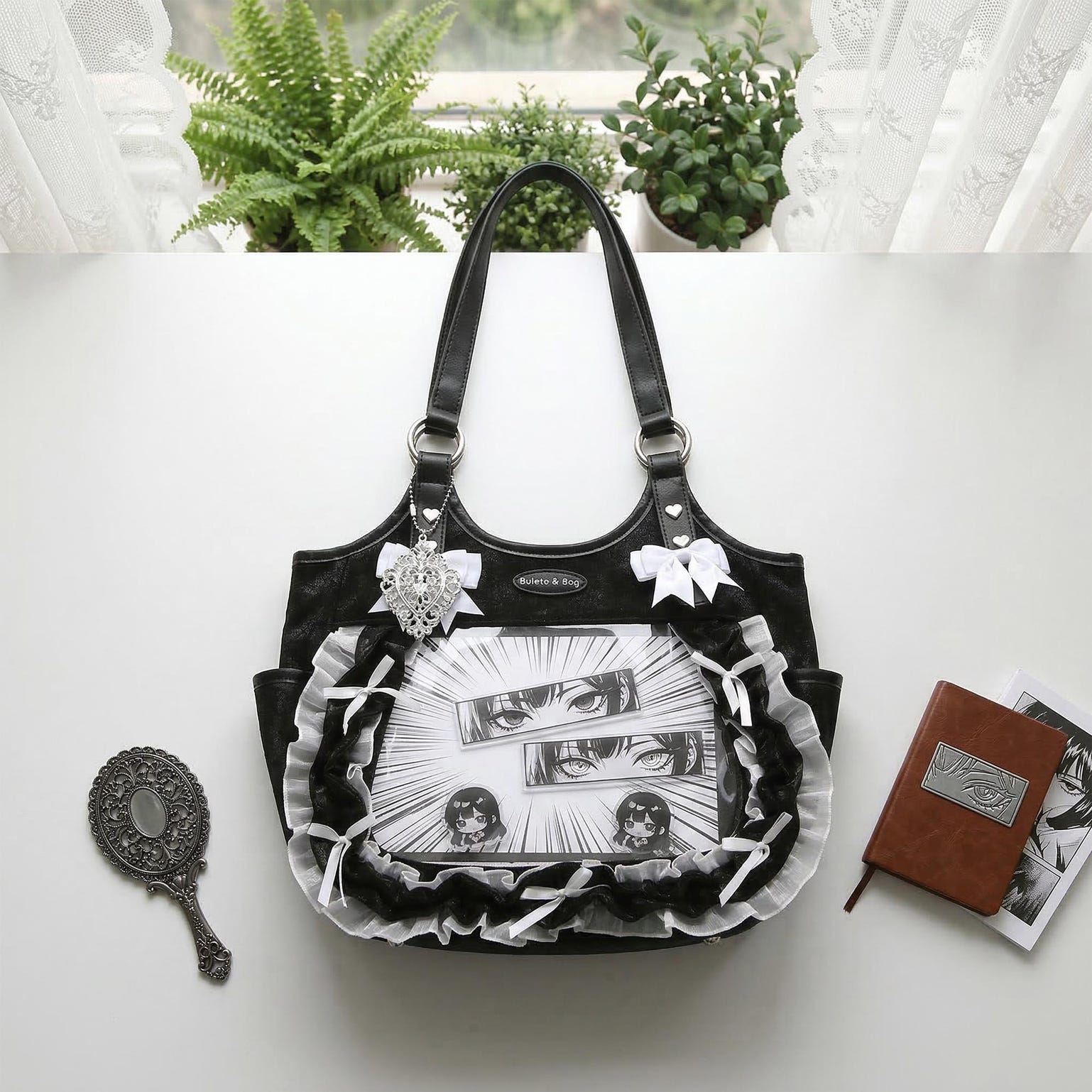 Kawaii Heart Ita Shoulder Bag with Clear Window for Pin Display Kawaii Heart Ita Shoulder Bag with Clear Window for Pin Display — crossbody ita bag detail view