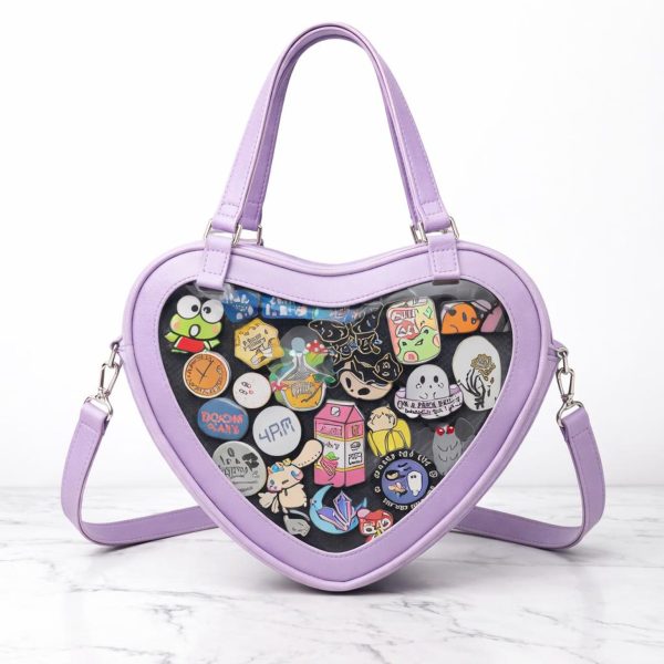 Kawaii Heart Ita Shoulder Bag with Clear Window for Pin Display — crossbody ita bag detail view