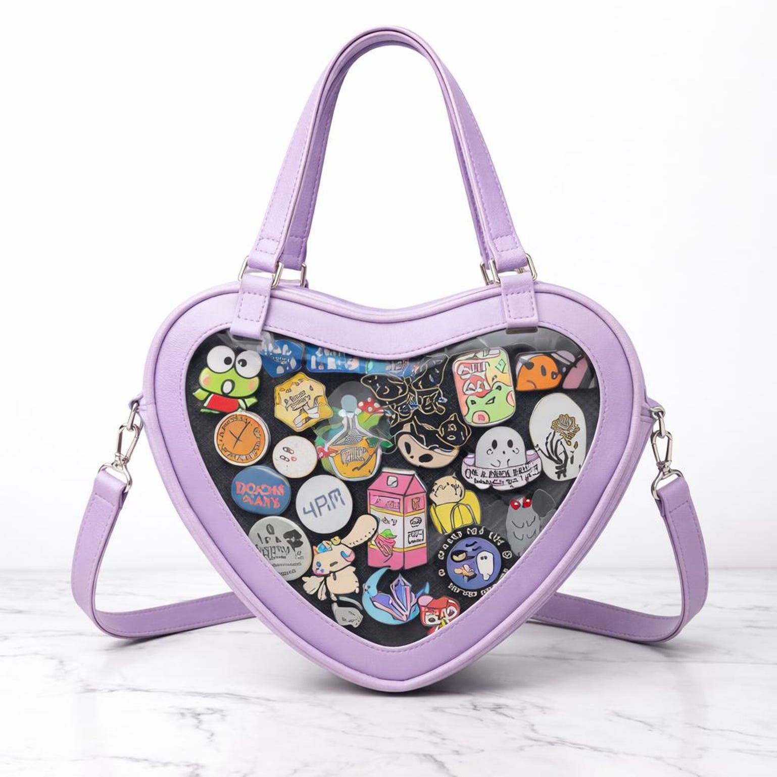 Kawaii Heart Ita Shoulder Bag with Clear Window for Pin Display Kawaii Heart Ita Shoulder Bag with Clear Window for Pin Display — crossbody ita bag detail view