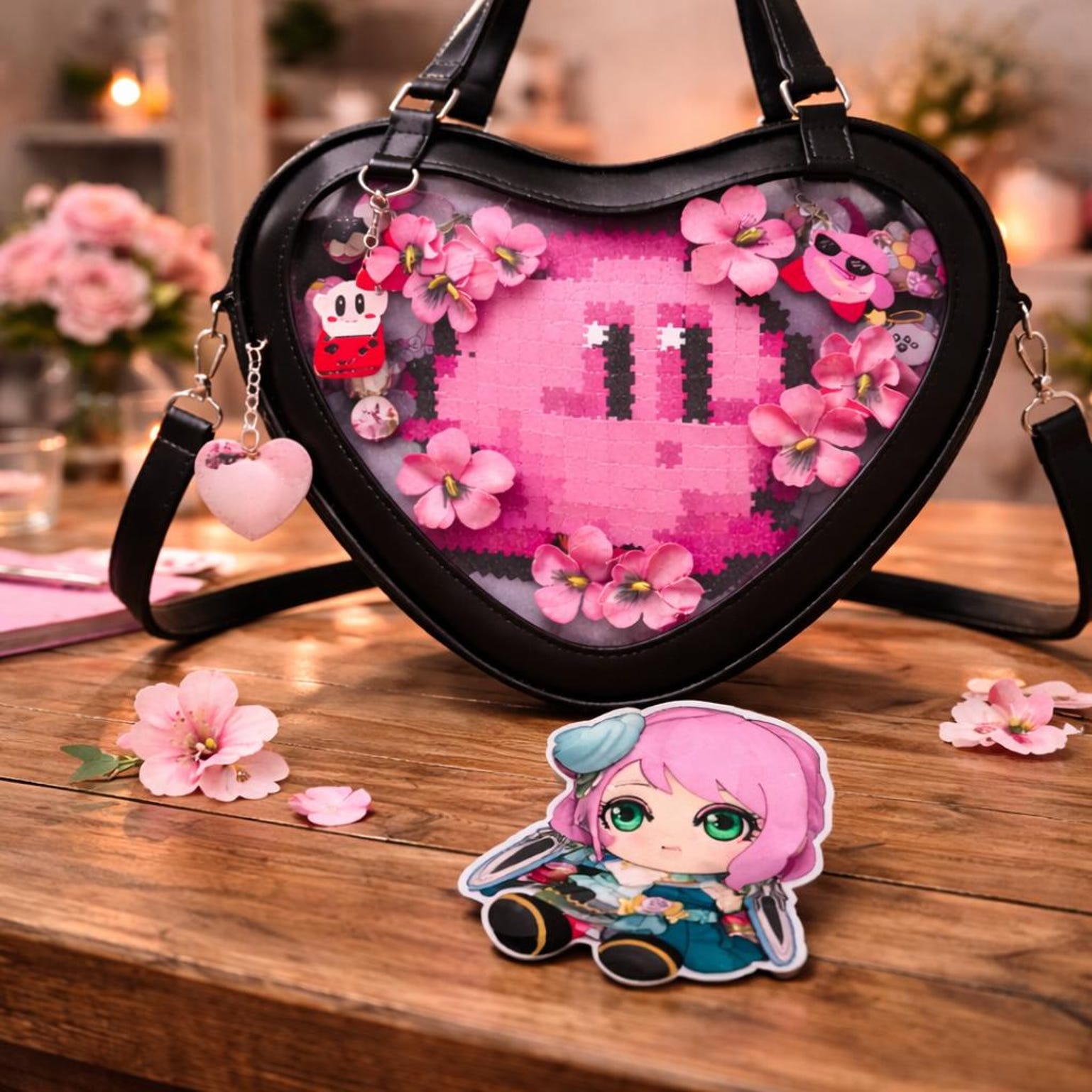 Kawaii Heart Ita Shoulder Bag with Clear Window for Pin Display Kawaii Heart Ita Shoulder Bag with Clear Window for Pin Display — crossbody ita bag with clear display window