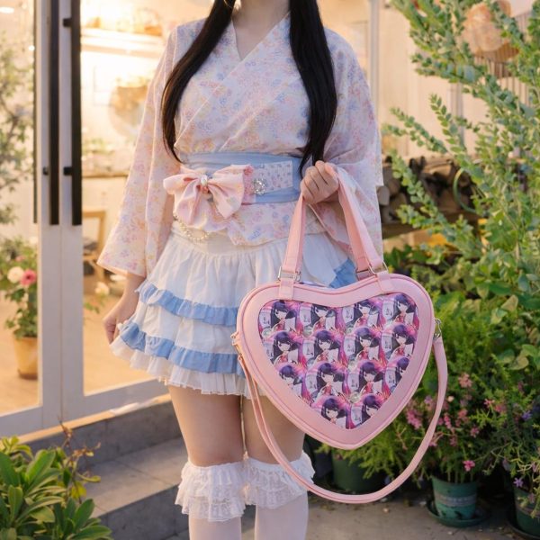 Kawaii Heart Ita Shoulder Bag with Clear Window for Pin Display — crossbody ita bag detail view