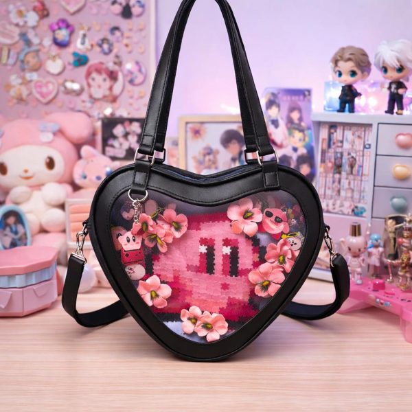 Kawaii Heart Ita Shoulder Bag with Clear Window for Pin Display — crossbody ita bag detail view