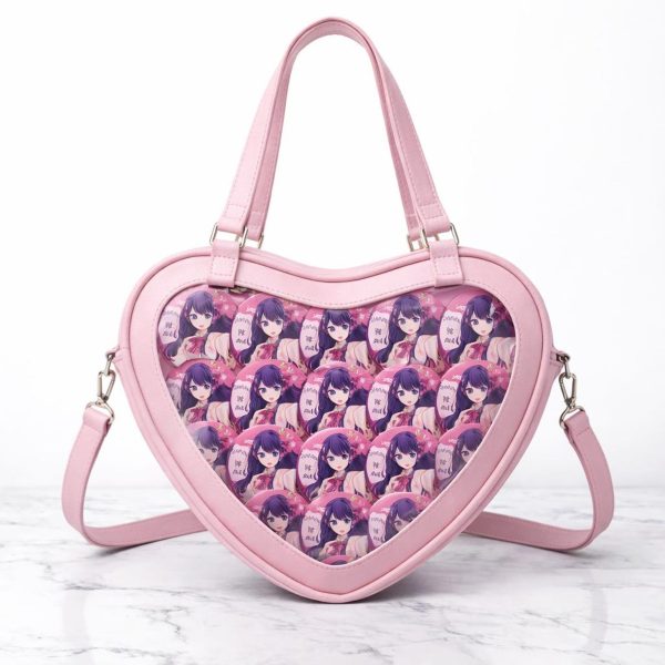Kawaii Heart Ita Shoulder Bag with Clear Window for Pin Display — crossbody ita bag detail view