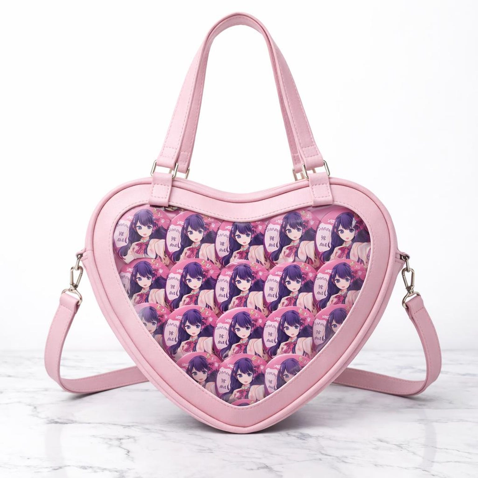 Kawaii Heart Ita Shoulder Bag with Clear Window for Pin Display Kawaii Heart Ita Shoulder Bag with Clear Window for Pin Display — crossbody ita bag detail view