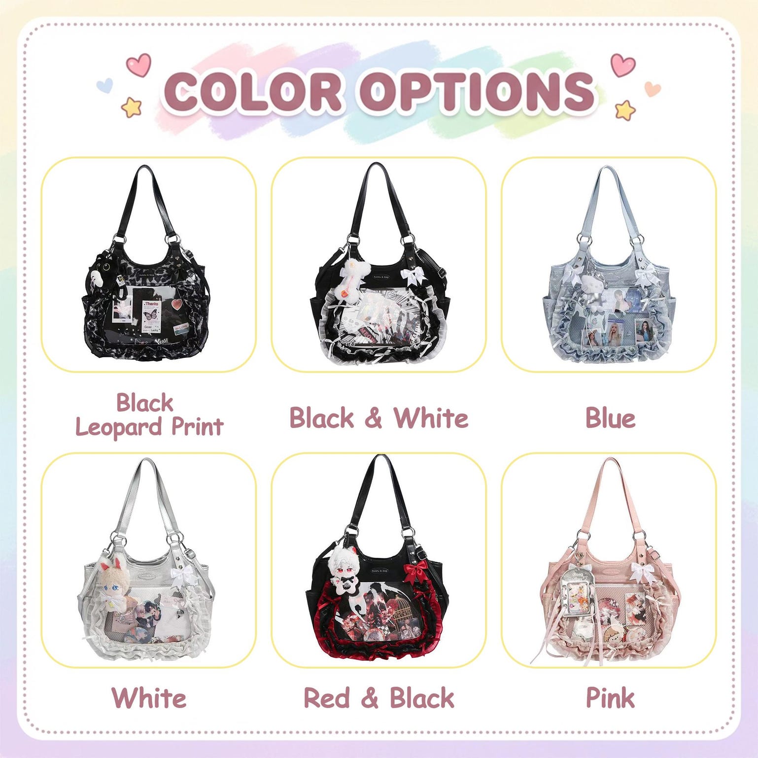 Kawaii Heart Ita Shoulder Bag with Clear Window for Pin Display Kawaii Heart Ita Shoulder Bag with Clear Window for Pin Display — crossbody ita bag detail view