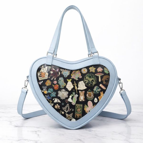 Kawaii Heart Ita Shoulder Bag with Clear Window for Pin Display — crossbody ita bag detail view