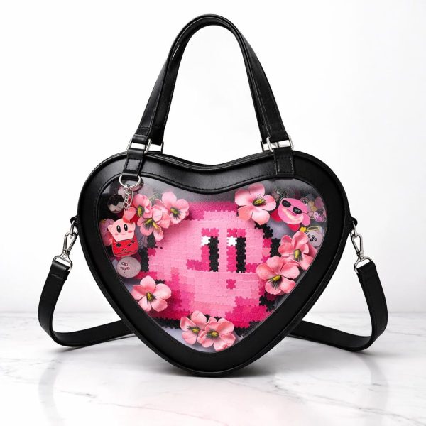Kawaii Heart Ita Shoulder Bag with Clear Window for Pin Display — crossbody ita bag detail view