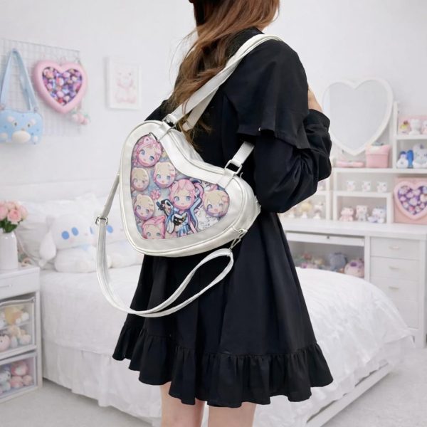 Kawaii Heart Ita Shoulder Bag with Clear Window for Pin Display — crossbody ita bag detail view