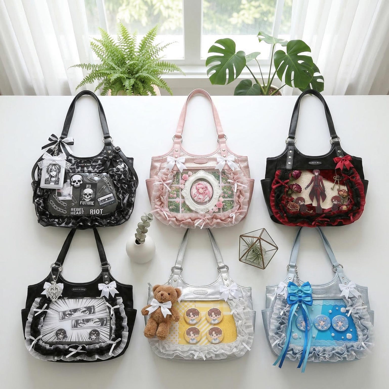 Kawaii Heart Ita Shoulder Bag with Clear Window for Pin Display Kawaii Heart Ita Shoulder Bag with Clear Window for Pin Display — crossbody ita bag detail view