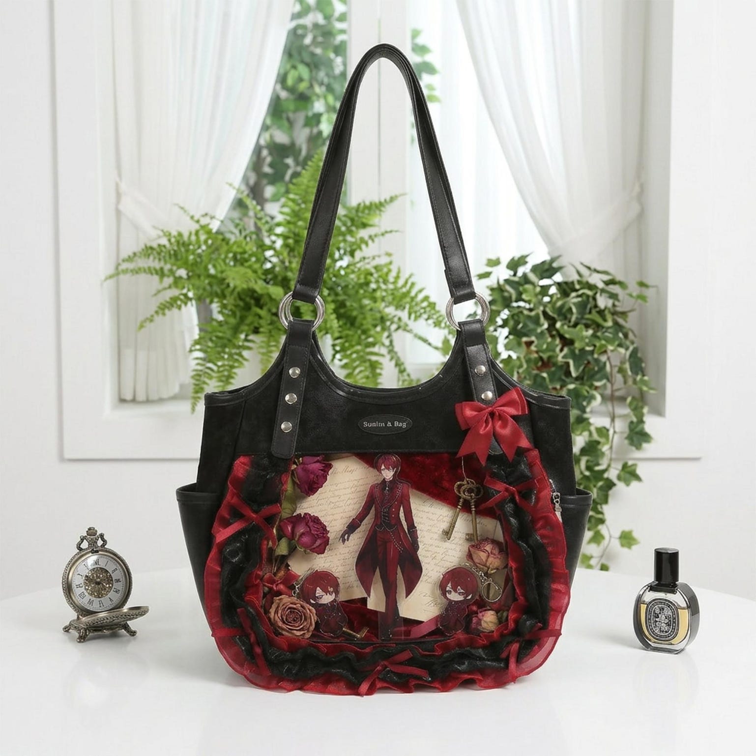 Kawaii Heart Ita Shoulder Bag with Clear Window for Pin Display Kawaii Heart Ita Shoulder Bag with Clear Window for Pin Display — crossbody ita bag detail view