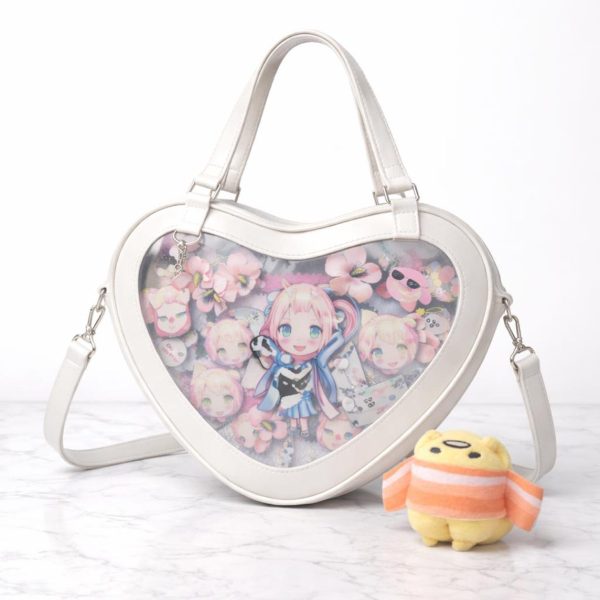 Kawaii Heart Ita Shoulder Bag with Clear Window for Pin Display — crossbody ita bag detail view