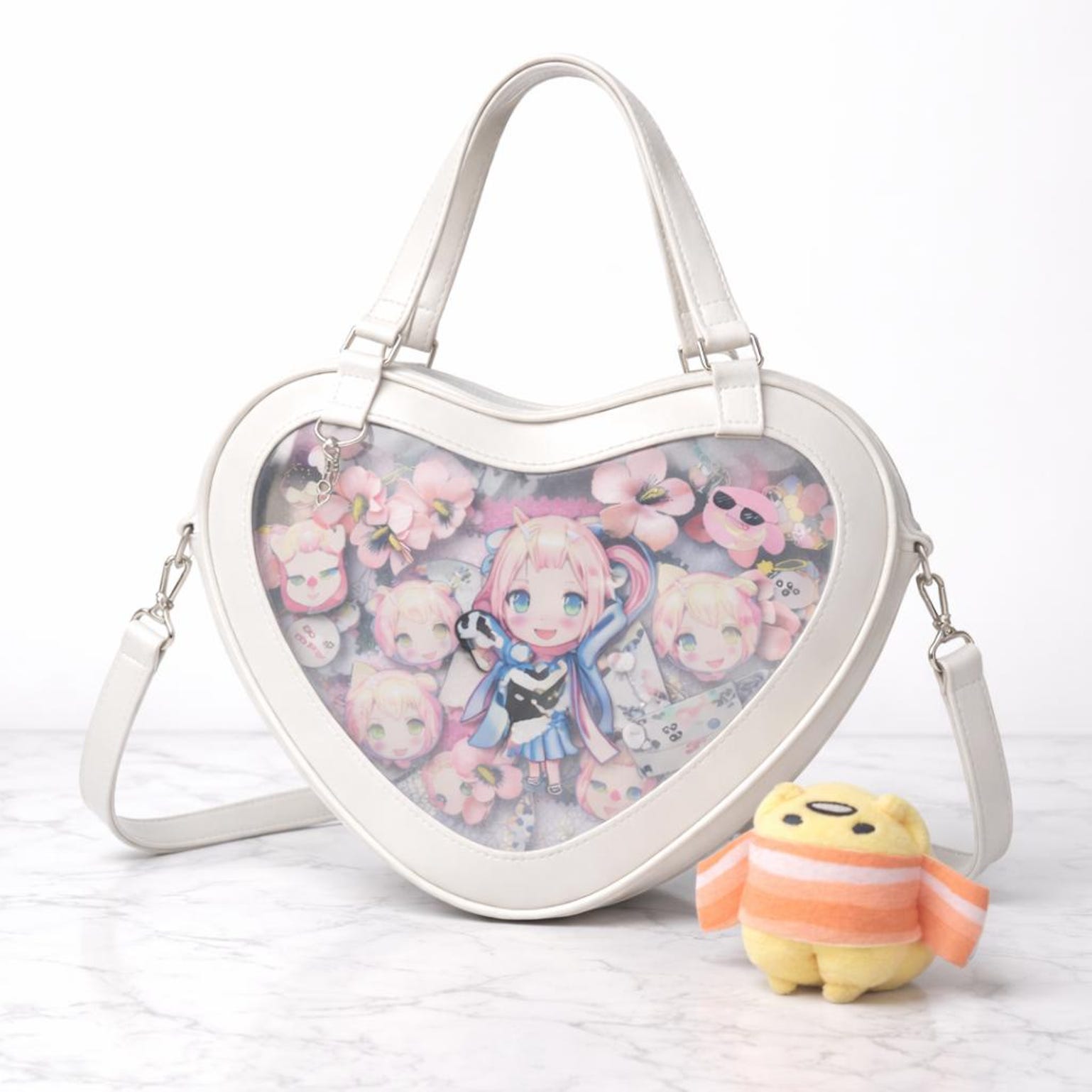 Kawaii Heart Ita Shoulder Bag with Clear Window for Pin Display Kawaii Heart Ita Shoulder Bag with Clear Window for Pin Display — crossbody ita bag detail view