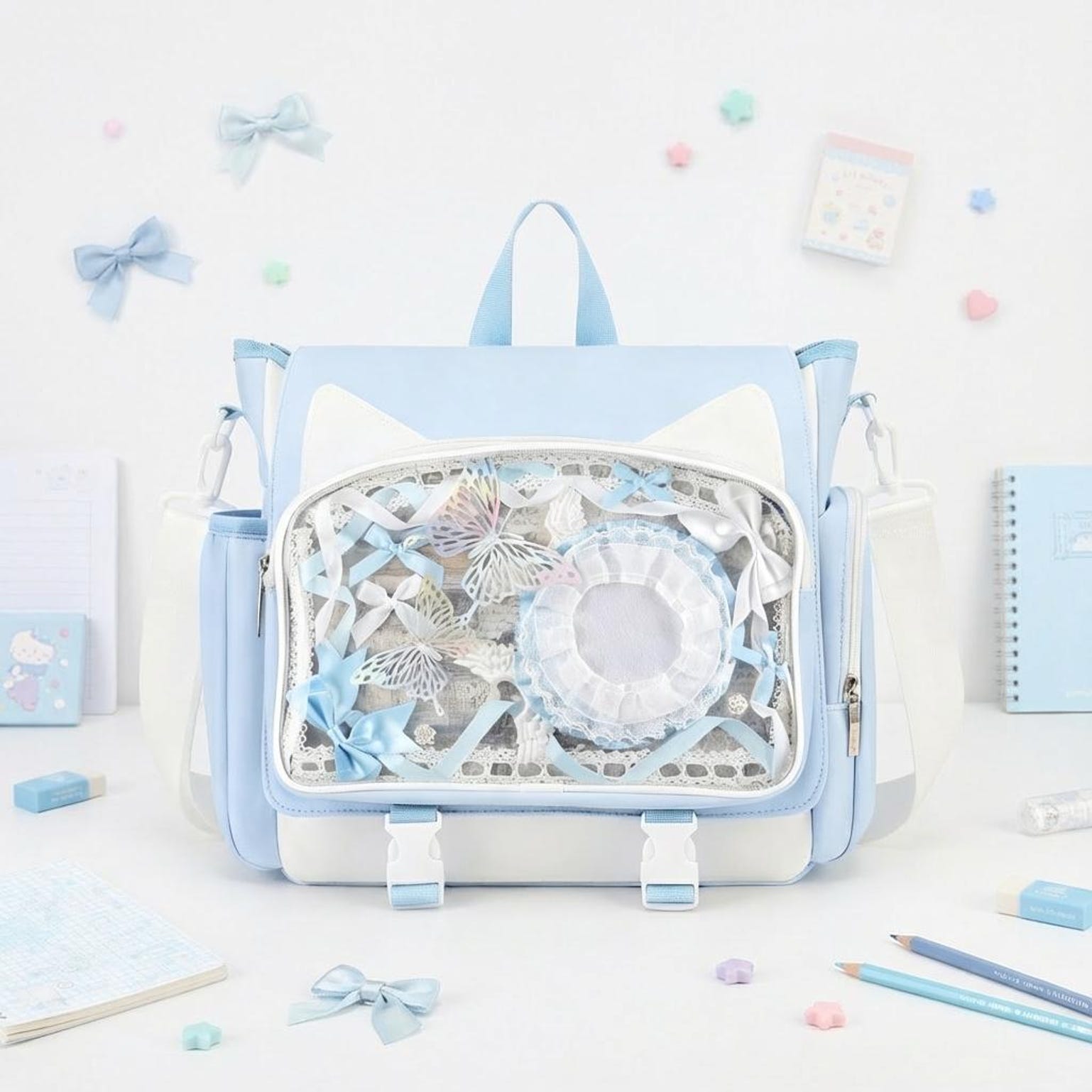 Kawaii Ita Crossbody Bag with Clear Window for Plushies and Pins Kawaii Ita Crossbody Bag with Clear Window for Plushies and Pins — crossbody ita bag detail view