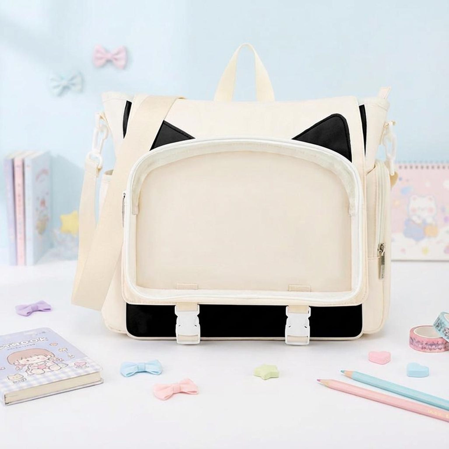 Kawaii Ita Crossbody Bag with Clear Window for Plushies and Pins Kawaii Ita Crossbody Bag with Clear Window for Plushies and Pins — crossbody ita bag detail view