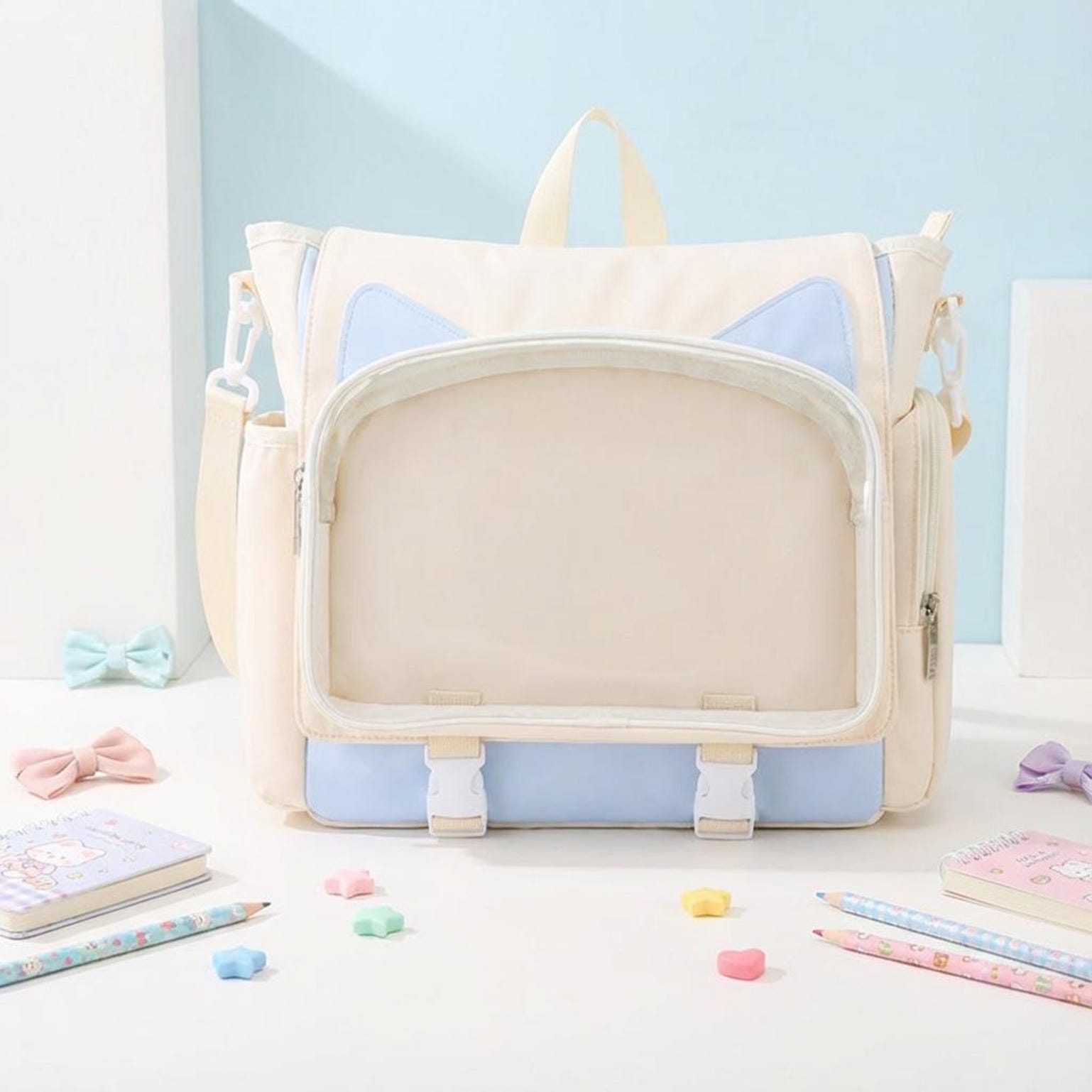 Kawaii Ita Crossbody Bag with Clear Window for Plushies and Pins Kawaii Ita Crossbody Bag with Clear Window for Plushies and Pins — crossbody ita bag detail view