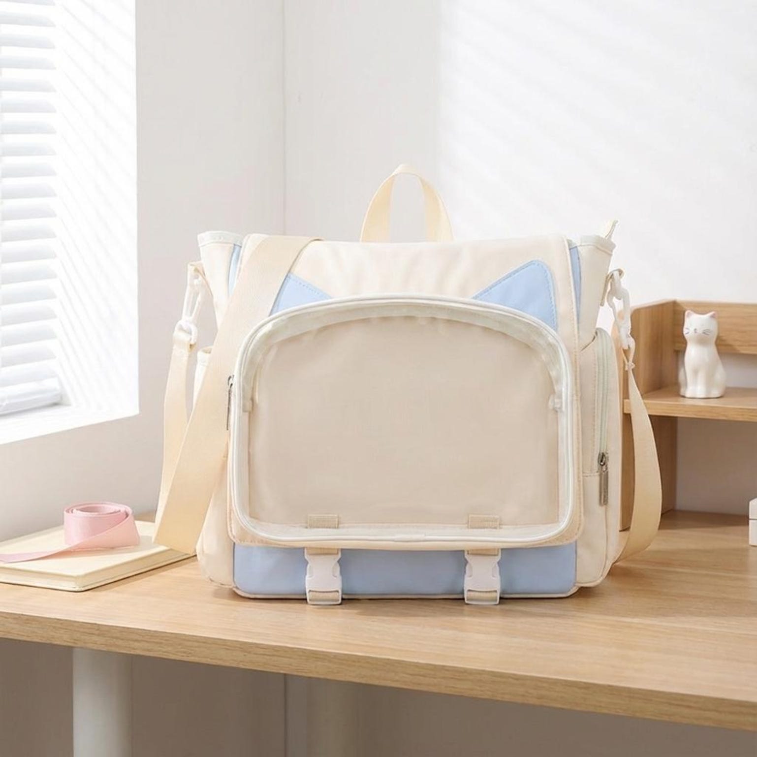 Kawaii Ita Crossbody Bag with Clear Window for Plushies and Pins Kawaii Ita Crossbody Bag with Clear Window for Plushies and Pins — crossbody ita bag detail view