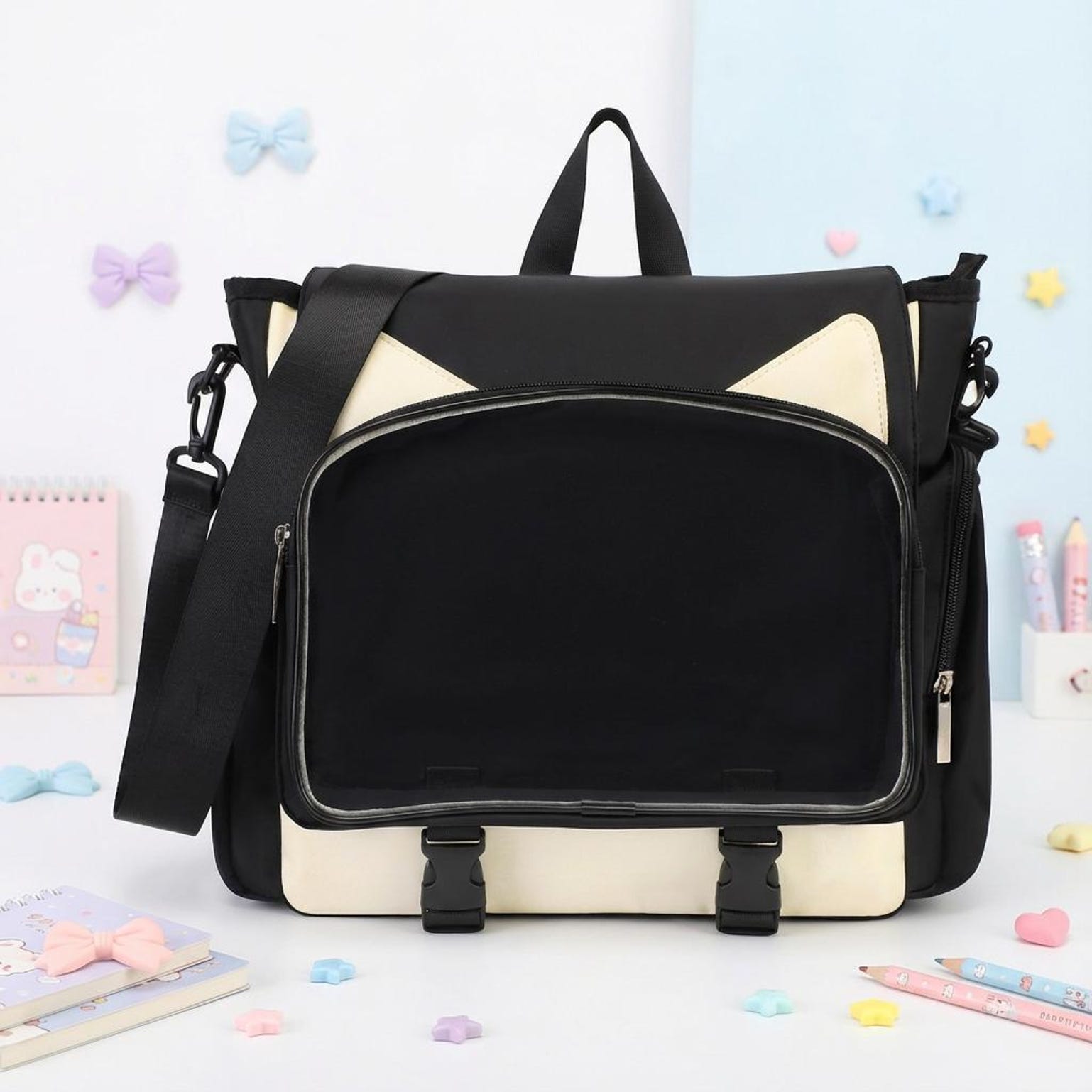 Kawaii Ita Crossbody Bag with Clear Window for Plushies and Pins Kawaii Ita Crossbody Bag with Clear Window for Plushies and Pins — crossbody ita bag detail view