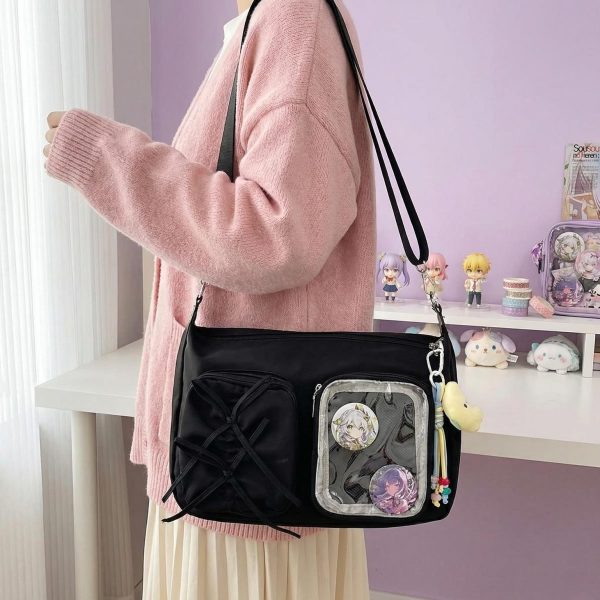 Kawaii Ita Shoulder Bag with Clear Window for Photocards and Pins — crossbody ita bag detail view