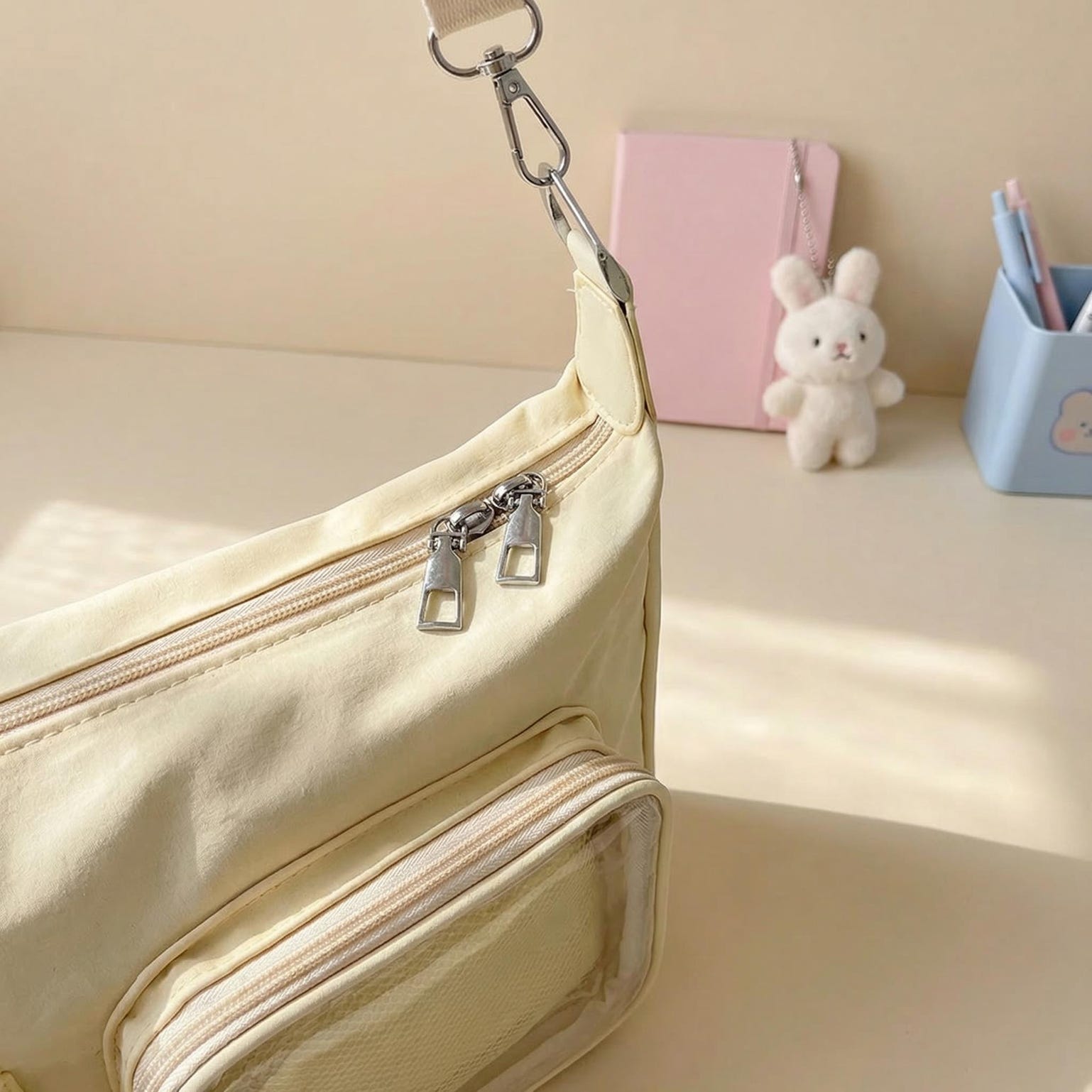 Kawaii Ita Shoulder Bag with Clear Window for Photocards and Pins Kawaii Ita Shoulder Bag with Clear Window for Photocards and Pins — crossbody ita bag detail view