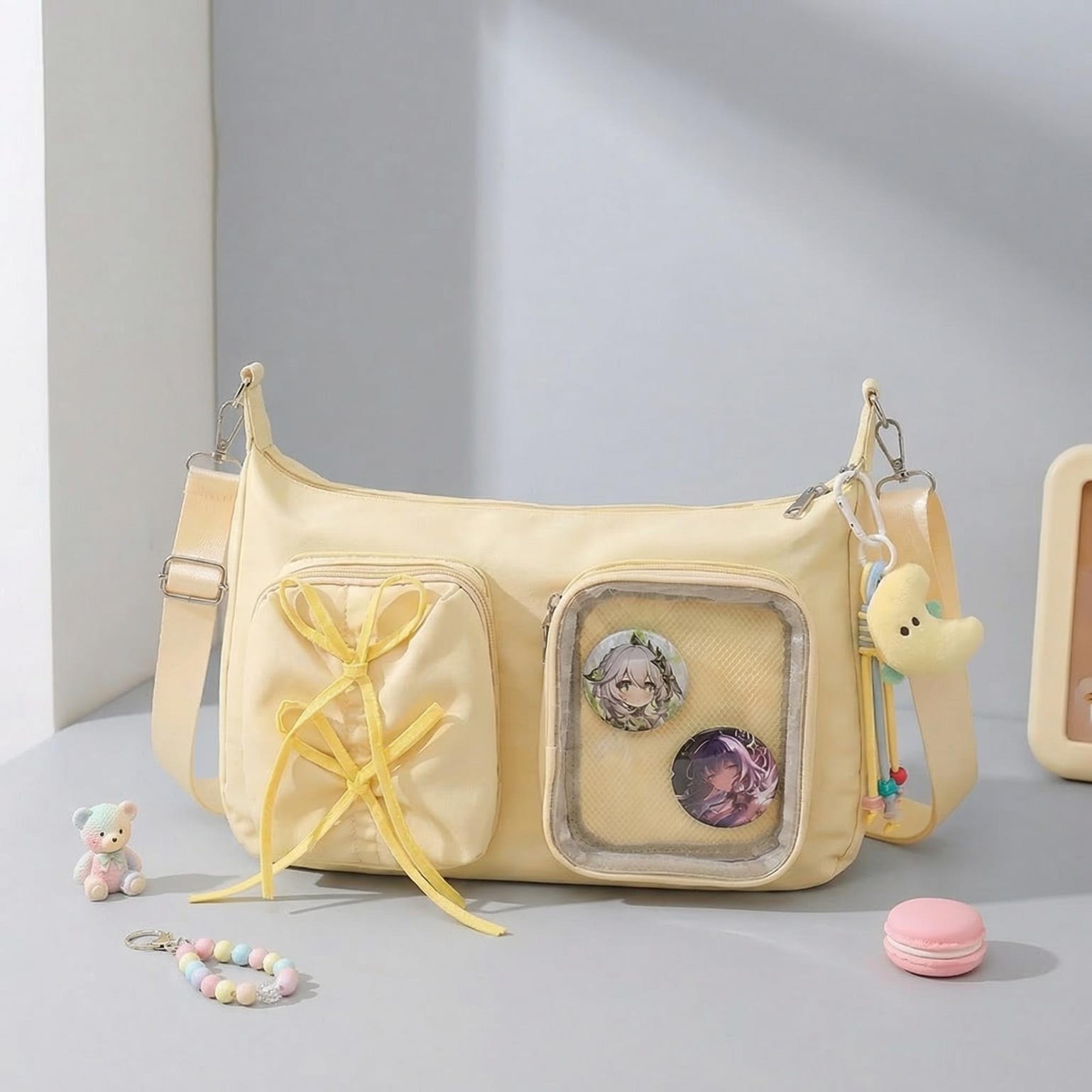 Kawaii Ita Shoulder Bag with Clear Window for Photocards and Pins Kawaii Ita Shoulder Bag with Clear Window for Photocards and Pins — crossbody ita bag detail view